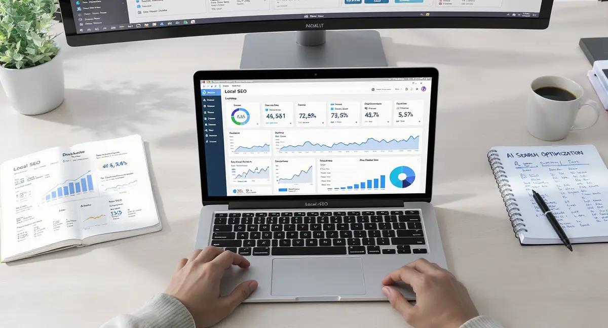 Laptop screen displaying analytics dashboard with local SEO metrics, search ranking data, and AI search - Strategyc