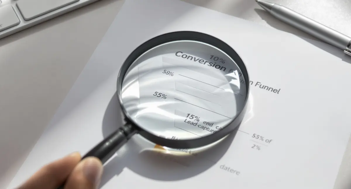 Close-up of a conversion funnel diagram printed on paper with a magnifying glass positioned over the - Strategyc
