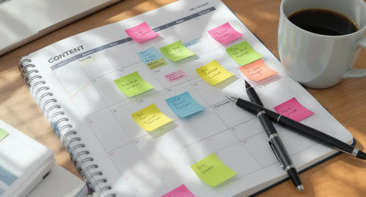 Physical content calendar planner with color-coded sticky notes, pen, and coffee cup on wooden desk - Strategyc