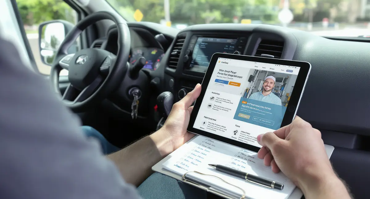 HVAC technician's service van interior with tablet displaying landing page mockup and appointment - Strategyc