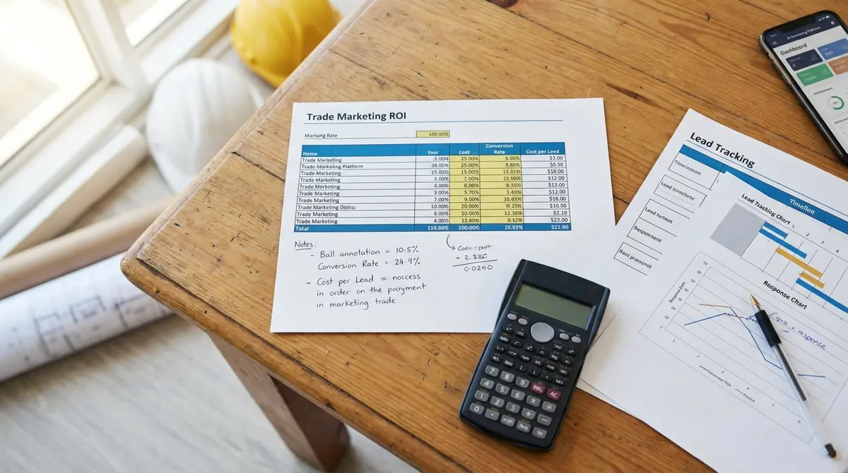 Trade business marketing ROI spreadsheet with calculator, lead-tracking printout, and pen annotations on - Strategyc