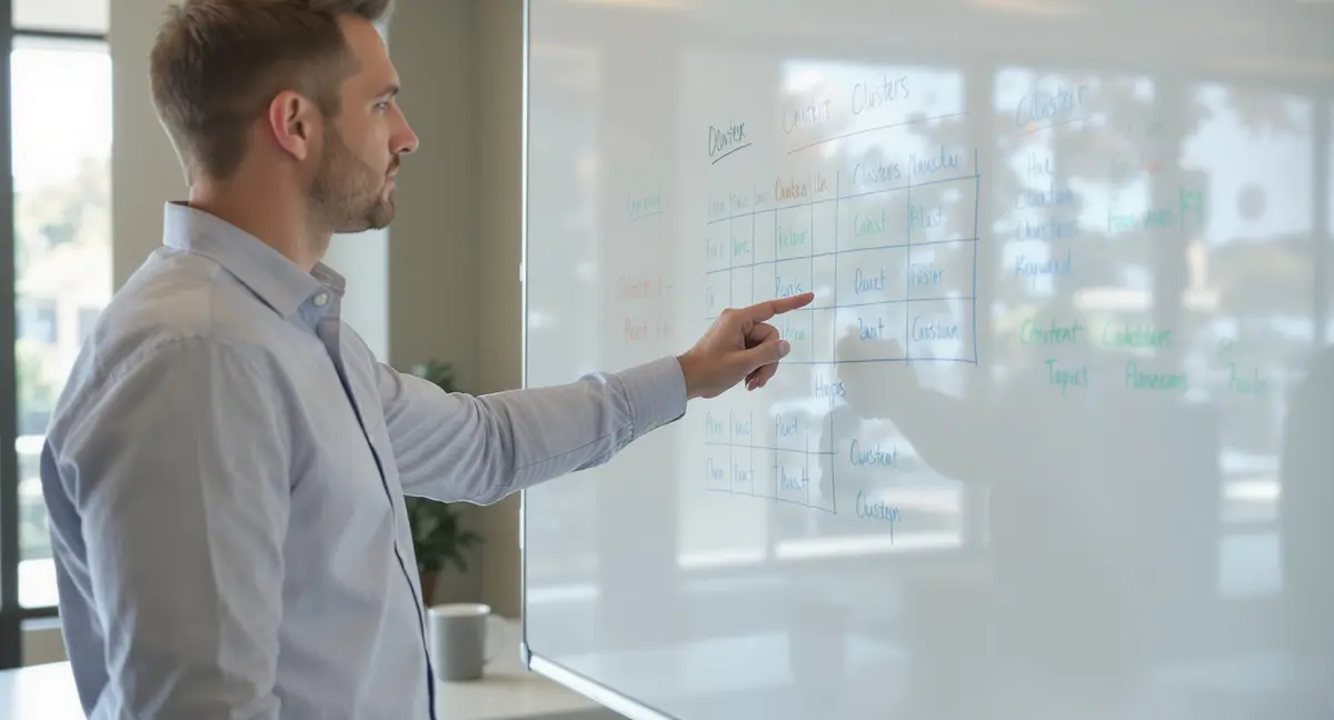 Lawyer in shirtsleeves standing at whiteboard, hand mid-gesture pointing at content calendar and keyword - Strategyc