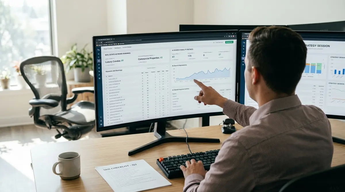 Digital marketer pointing at a dual-monitor analytics dashboard displaying real estate keyword rankings - Strategyc