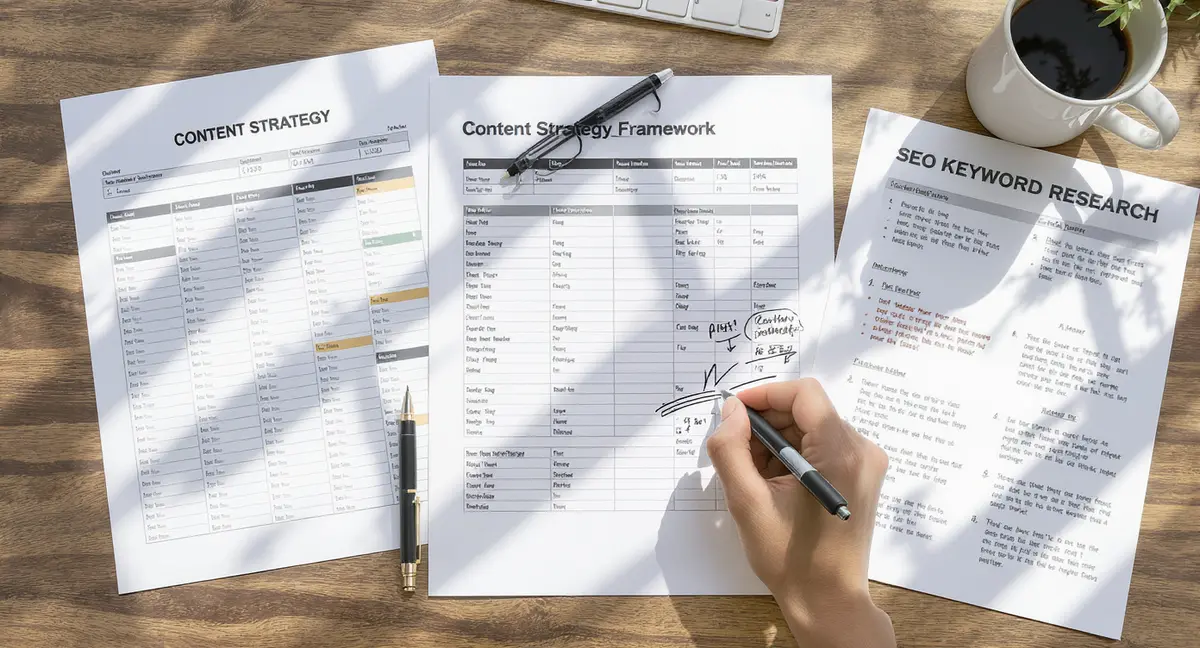 Content strategy framework document with editorial calendar, performance metrics spreadsheet, and SEO - Strategyc