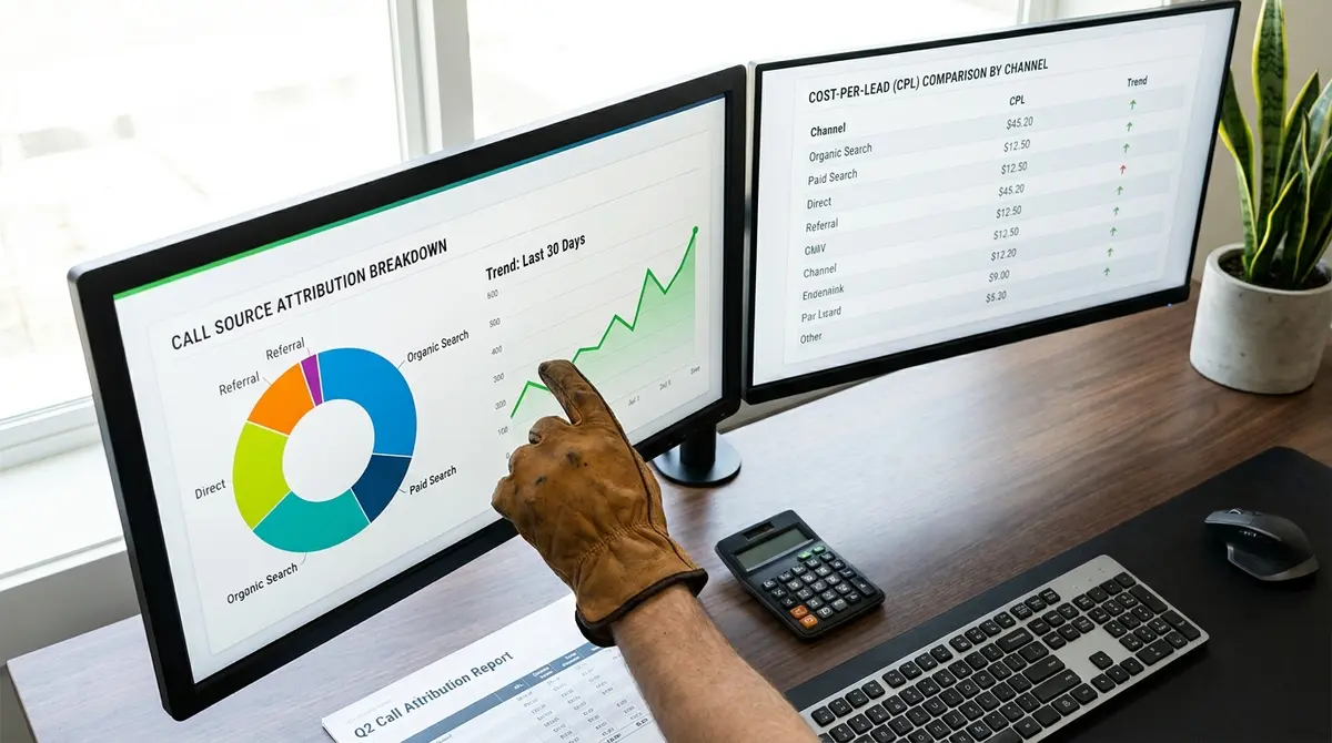 Dual-monitor analytics dashboard displaying call source attribution breakdown with cost-per-acquisition - Strategyc