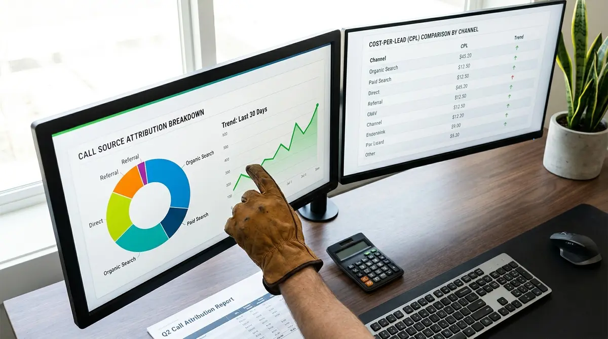 Dual-monitor analytics dashboard displaying call source attribution breakdown with cost-per-acquisition - Strategyc