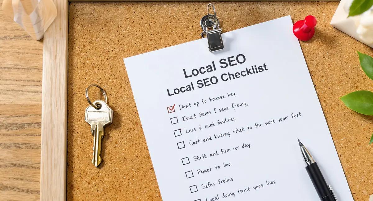 Printed local SEO checklist with checkbox items pinned to cork board beside house keys and location pin - Strategyc