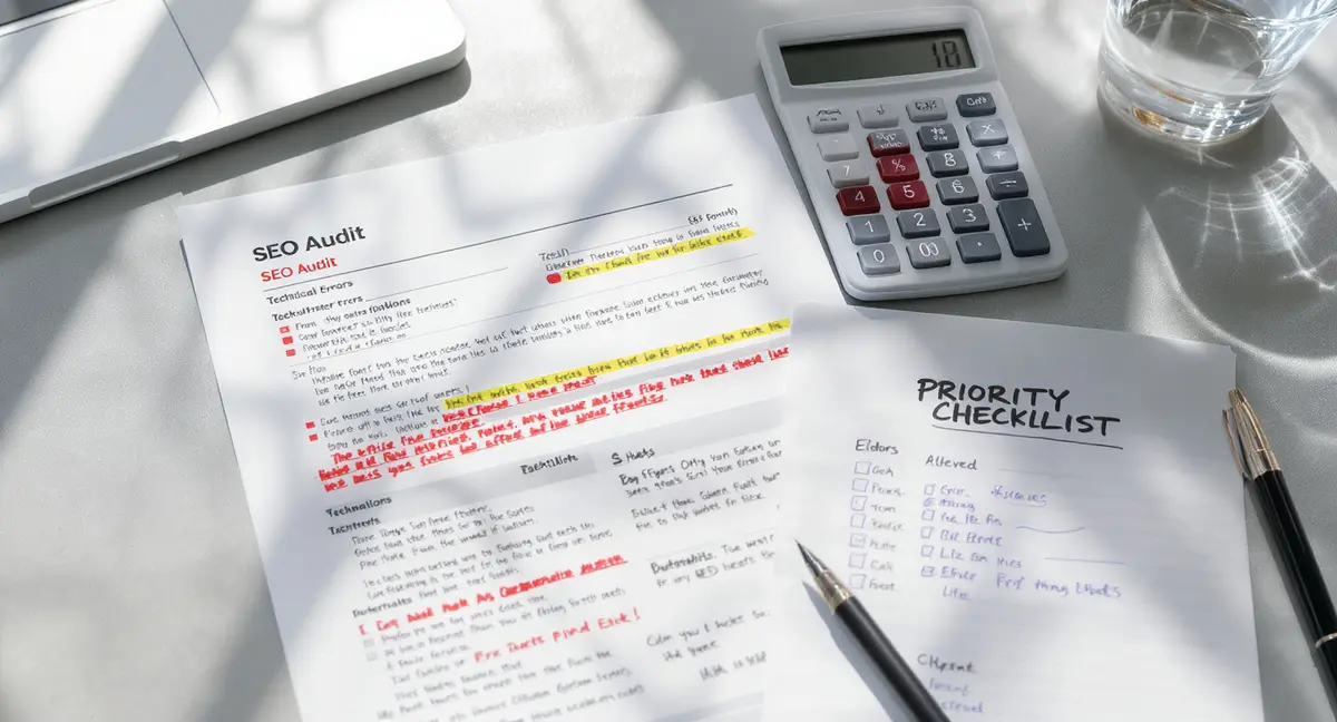 SEO audit report printout with highlighted technical errors, calculator, and annotated priority checklist - Strategyc