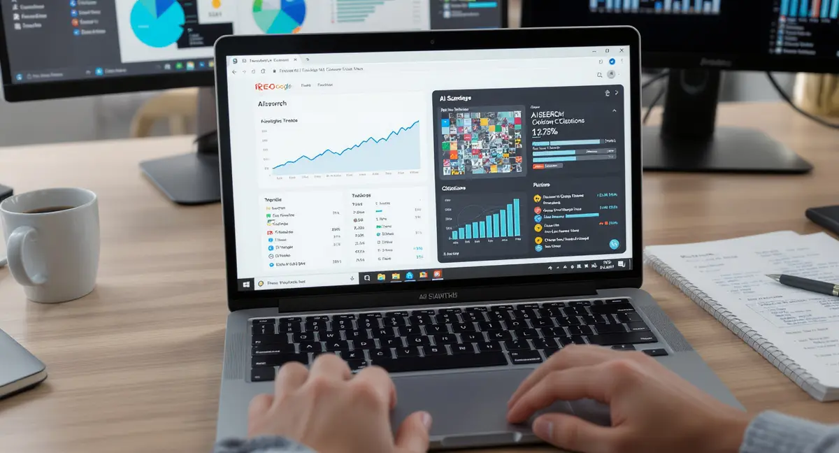 Laptop screen displaying analytics dashboard with AI search traffic data and ranking positions side-by-side - Strategyc