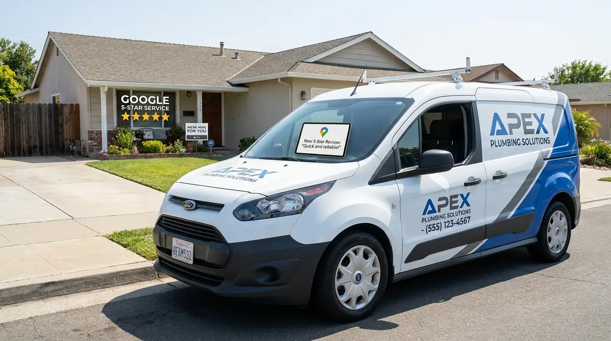 Plumber's service van parked outside a residential home with Google Business Profile review stars visible - Strategyc