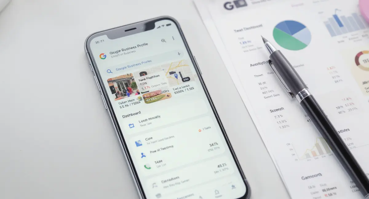 Smartphone displaying Google Business Profile dashboard with a printed local search analytics report and - Strategyc