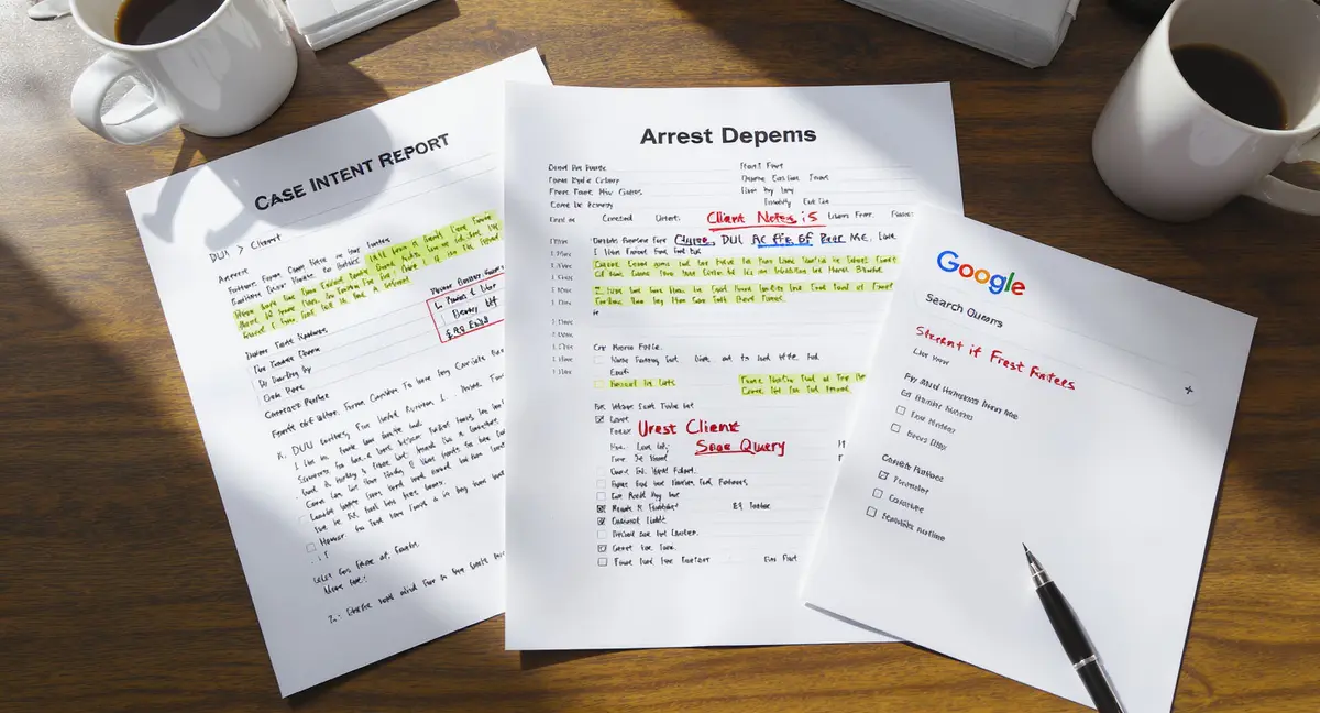 Criminal defense case intake form with handwritten client notes, arrest report printout, and urgent - Strategyc