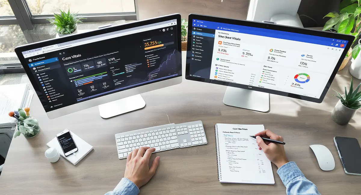 WordPress dashboard on dual monitors with Core Web Vitals metrics and site speed analytics displayed - Strategyc