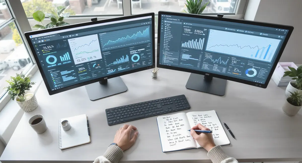 Dual-monitor analyst workstation displaying live SEO analytics dashboard and AI search ranking data - Strategyc