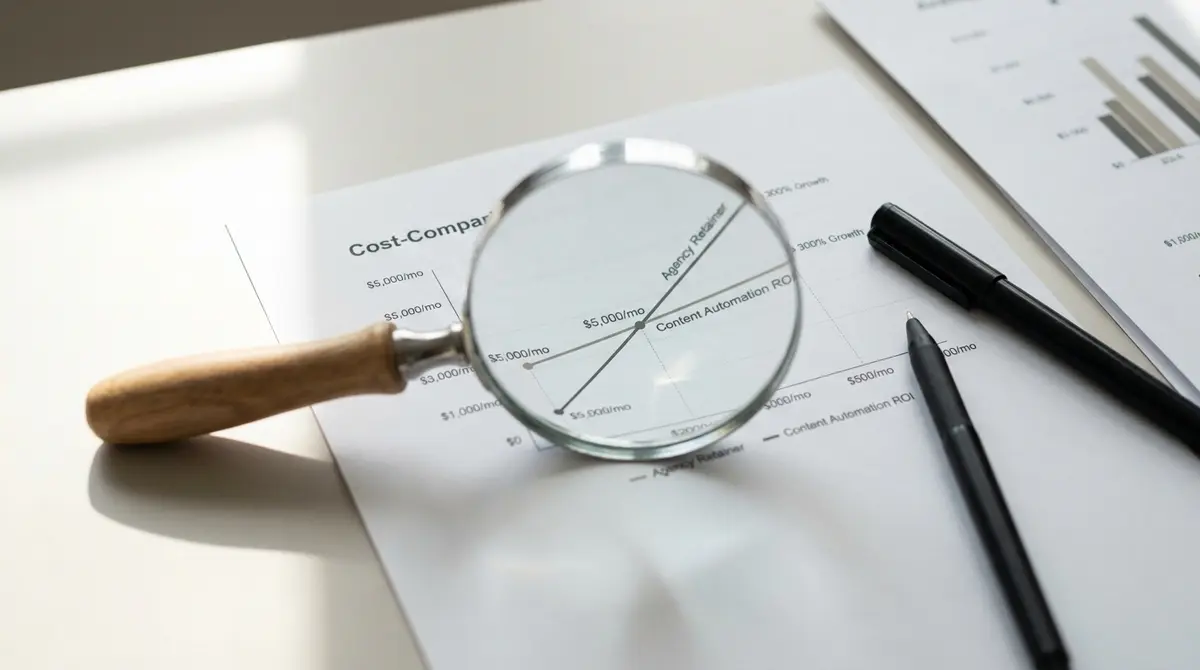 Magnifying glass positioned over a printed cost-comparison matrix showing agency retainer vs. content - Strategyc
