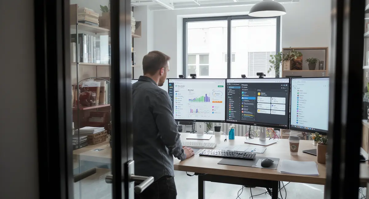 Interior of a modern digital marketing agency office with WordPress developer at standing desk reviewing - Strategyc