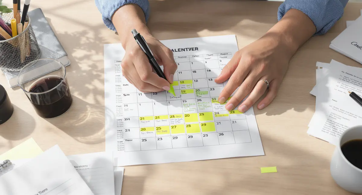 Hands annotating a printed email calendar grid with pen and highlighter at desk - Strategyc