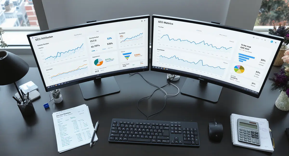 Dual-monitor analyst workstation displaying SEO metrics dashboard with revenue attribution data visible - Strategyc
