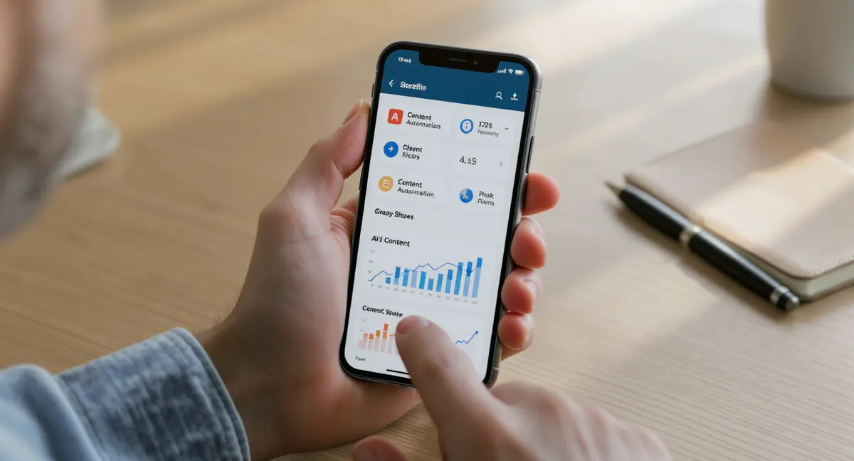A small business owner's hand holding a smartphone displaying an AI marketing dashboard with analytics - Strategyc