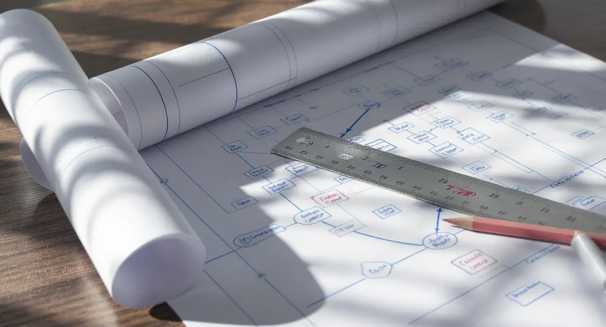 Rolled blueprint of a site-structure diagram with a ruler and colored pencil marking topic cluster - Strategyc
