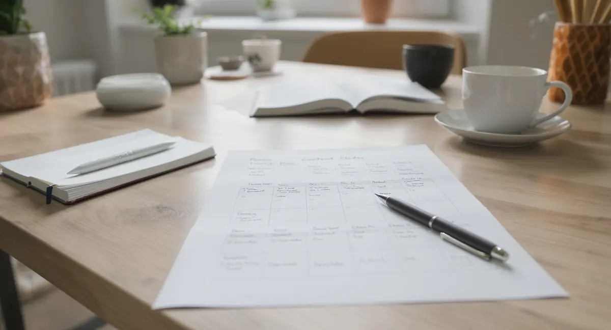 Small business owner's home office workspace with content calendar printout, notebook, and coffee cup on - Strategyc