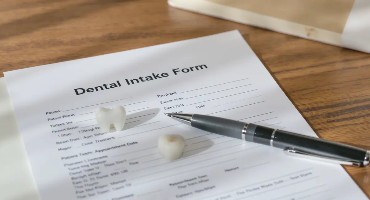 A dental practice patient intake form with a pen positioned over appointment booking section, next to a - Strategyc