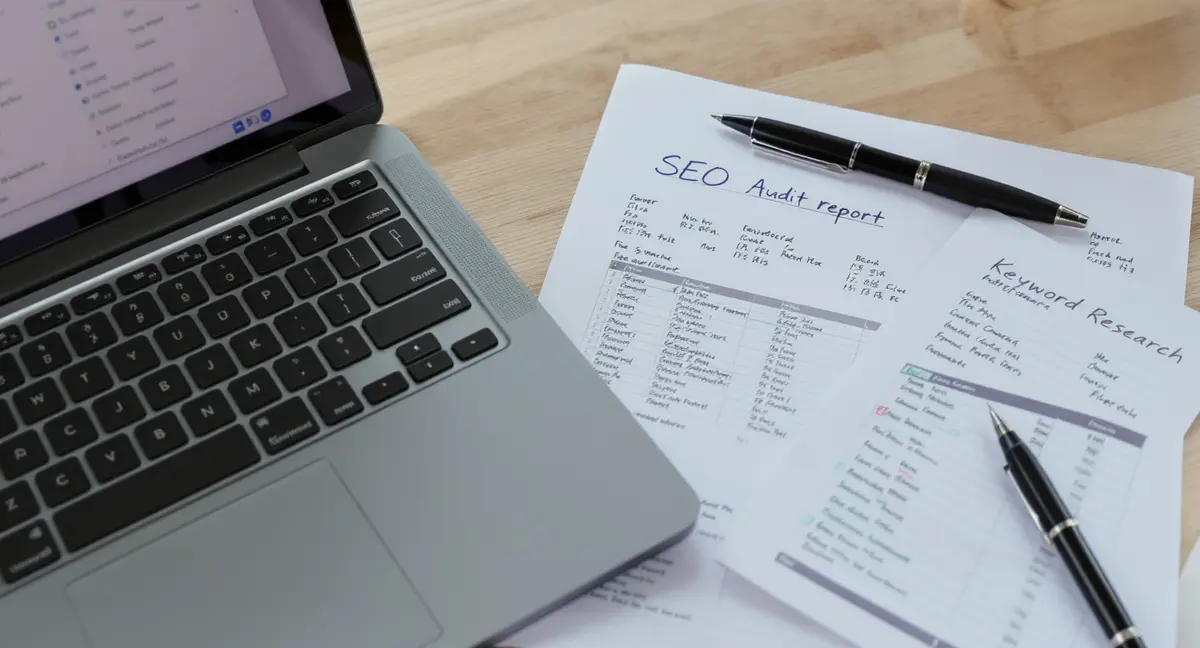 Laptop keyboard with a printed SEO audit report and annotated keyword research spreadsheet beside it - Strategyc