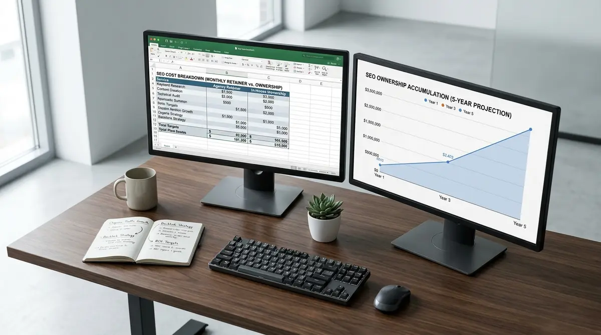 Dual-monitor analyst workstation displaying SEO cost-comparison spreadsheet with monthly retainer vs. - Strategyc