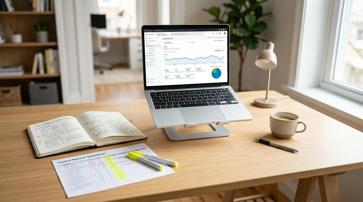 Small business owner's desk workspace with laptop displaying Google Analytics dashboard, notebook with - Strategyc
