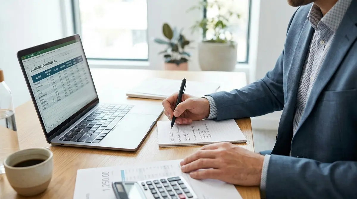Digital marketer in business casual attire reviewing SEO pricing spreadsheet on laptop while annotating - Strategyc