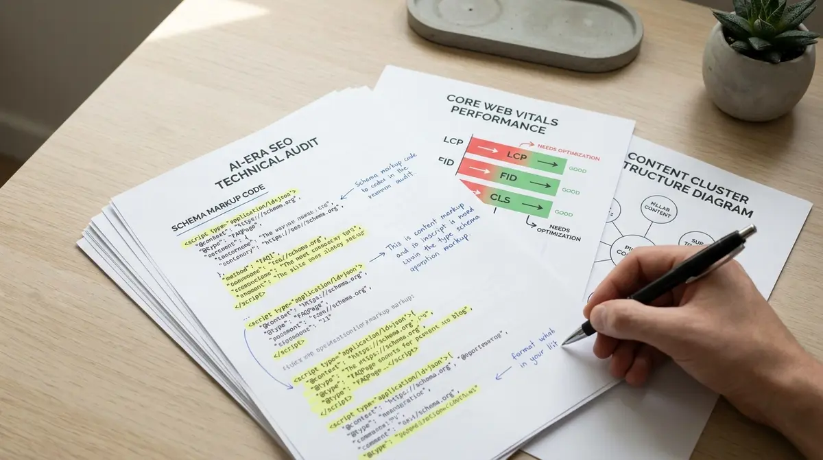 Flat-lay of AI-era SEO audit printout with schema markup code, Core Web Vitals metrics chart, and - Strategyc