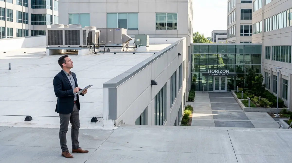 Commercial flat-roof building exterior with visible roofing membrane, HVAC units, and property manager - Strategyc