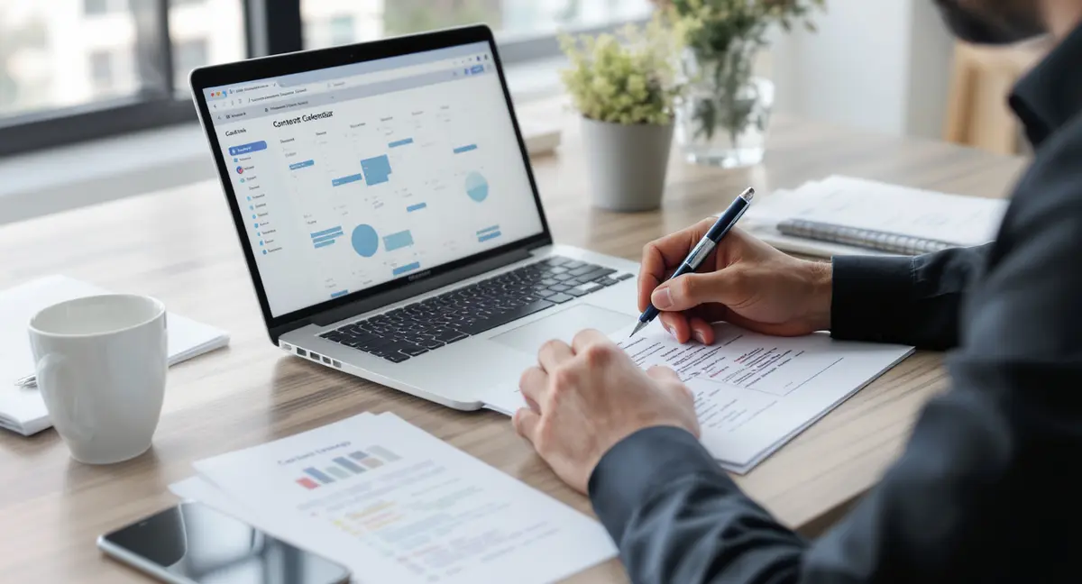 Insurance agent reviewing social media content calendar on laptop while taking notes on strategy document - Strategyc