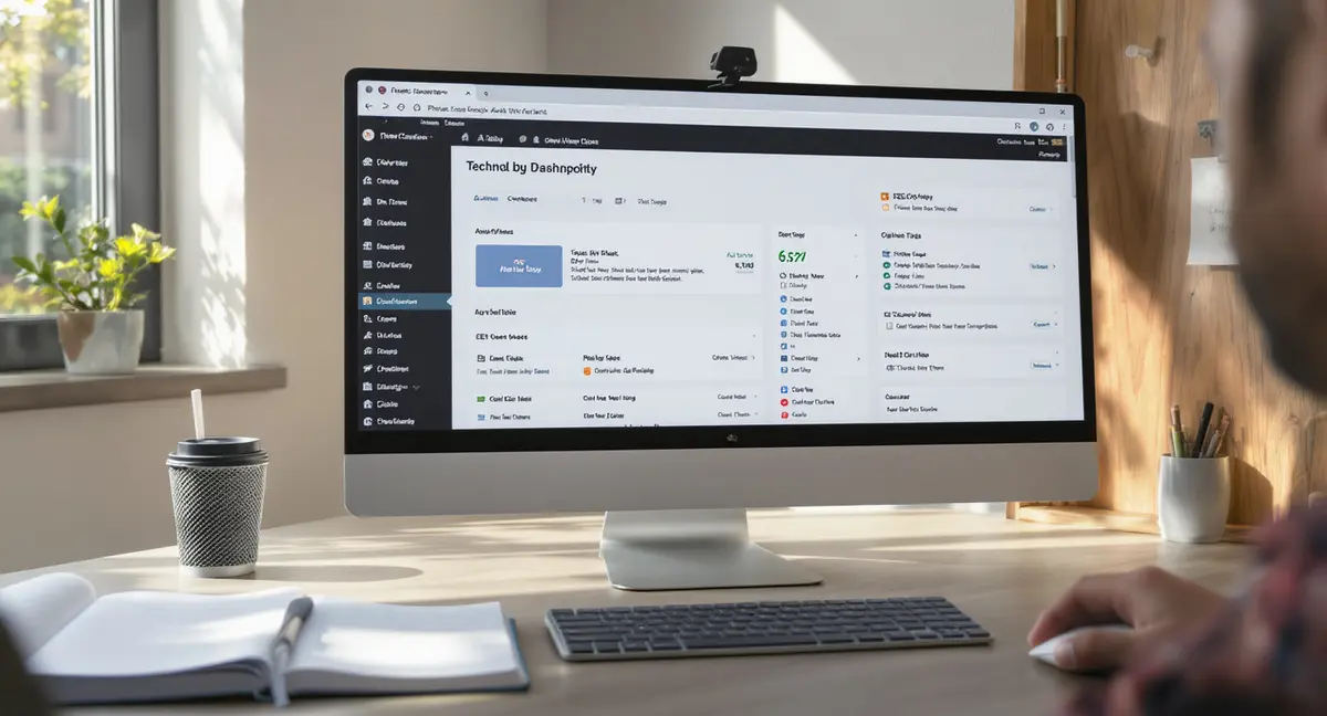 WordPress admin dashboard on a desktop monitor displaying SEO plugin settings, technical optimization - Strategyc