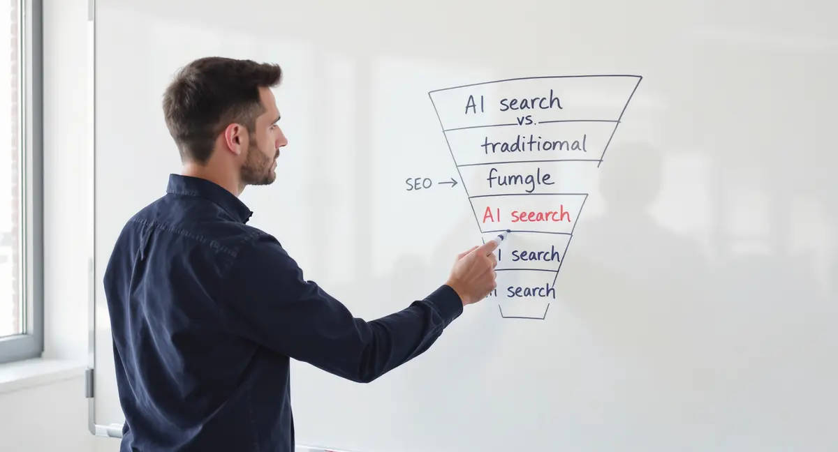 Digital marketer standing at whiteboard, hand mid-gesture pointing at AI search funnel diagram with - Strategyc
