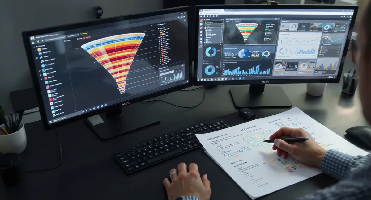 Dual-monitor analyst workstation displaying heatmap conversion funnel and A/B test results dashboard with - Strategyc