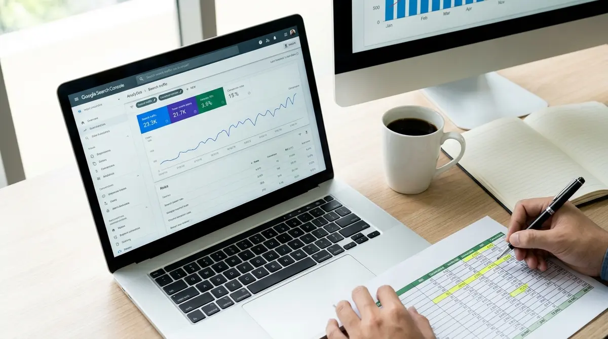 Laptop screen displaying analytics dashboard with search traffic graph and conversion metrics visible - Strategyc