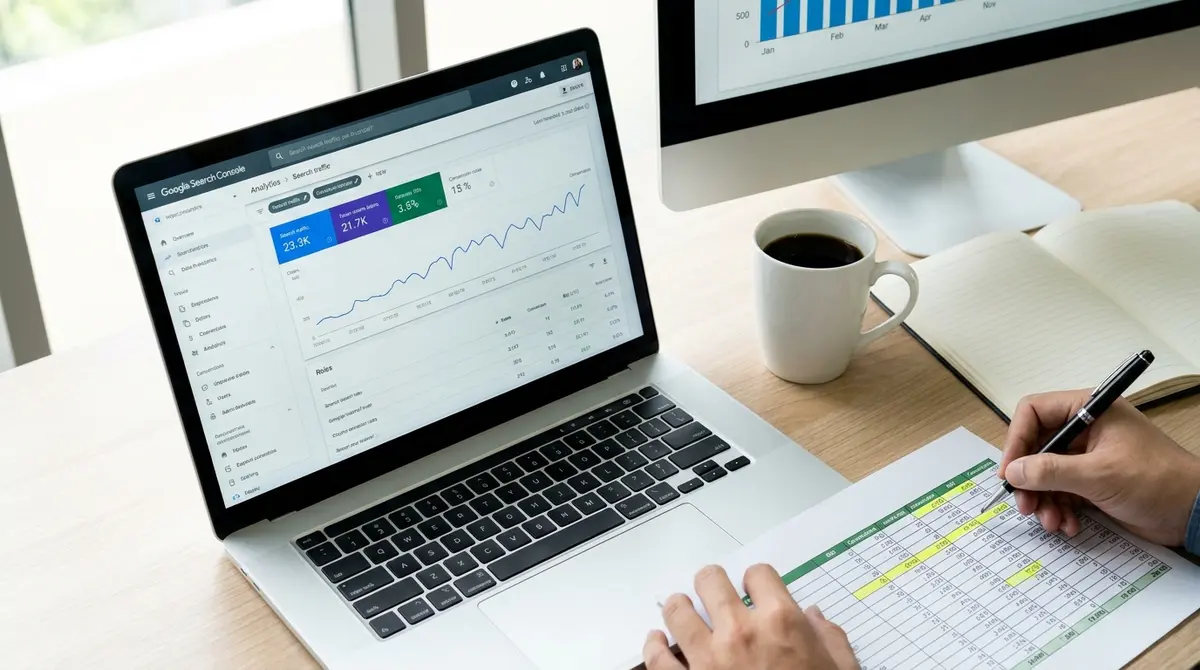 Laptop screen displaying analytics dashboard with search traffic graph and conversion metrics visible - Strategyc