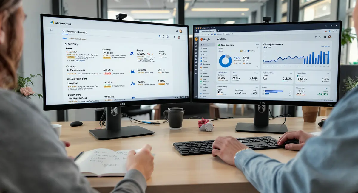 Digital marketing agency office workspace with team member reviewing AI search results printout and - Strategyc