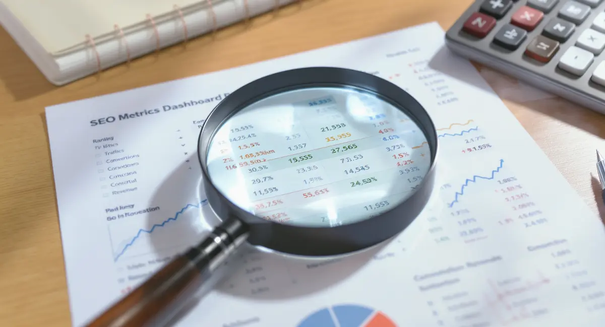 Magnifying glass positioned over a printed SEO metrics dashboard printout with highlighted KPI rows and - Strategyc