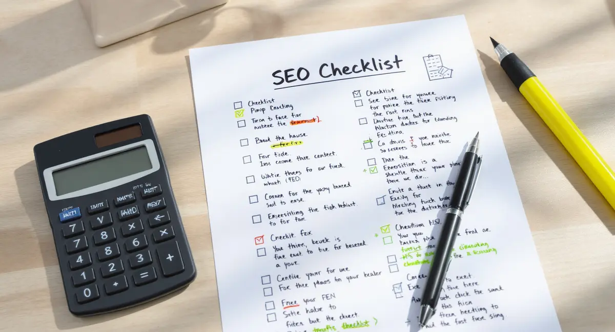SEO checklist printout with annotated technical audit notes, calculator, and highlighter on desk - Strategyc