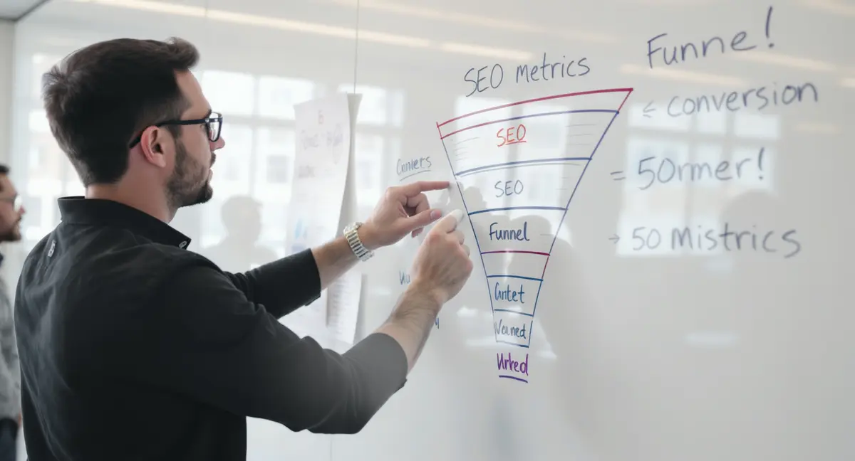 Digital marketer standing at whiteboard, pointing at hand-drawn SEO metrics funnel with conversion stages - Strategyc