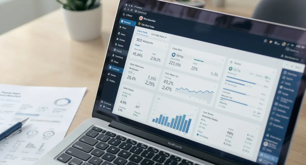 Close-up of a WordPress analytics dashboard on a laptop screen with SEO metrics, Core Web Vitals scores, - Strategyc