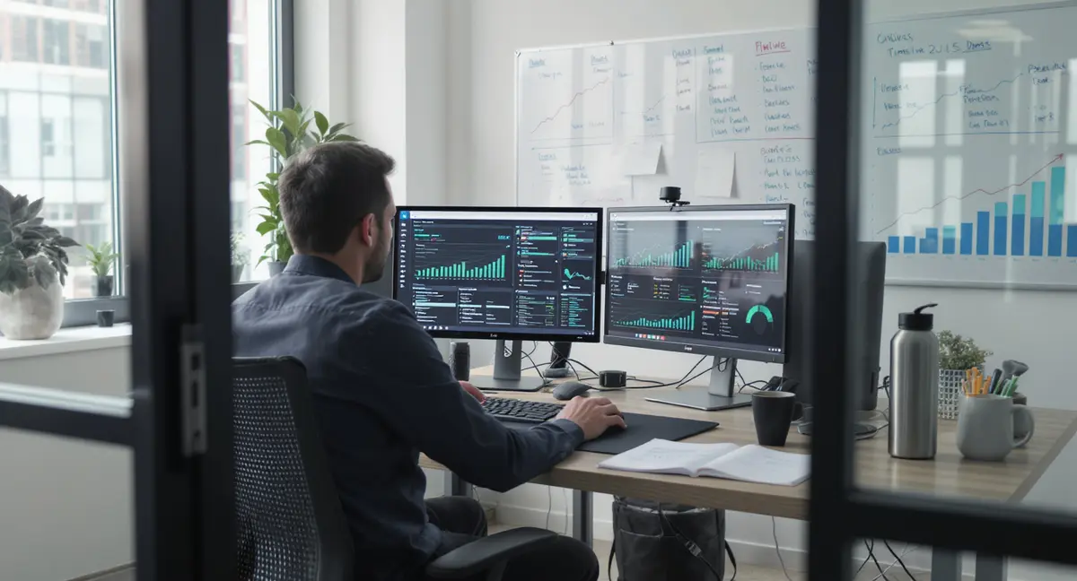 Interior of a digital marketing agency office with an analyst seated at a desk reviewing SEO analytics on - Strategyc