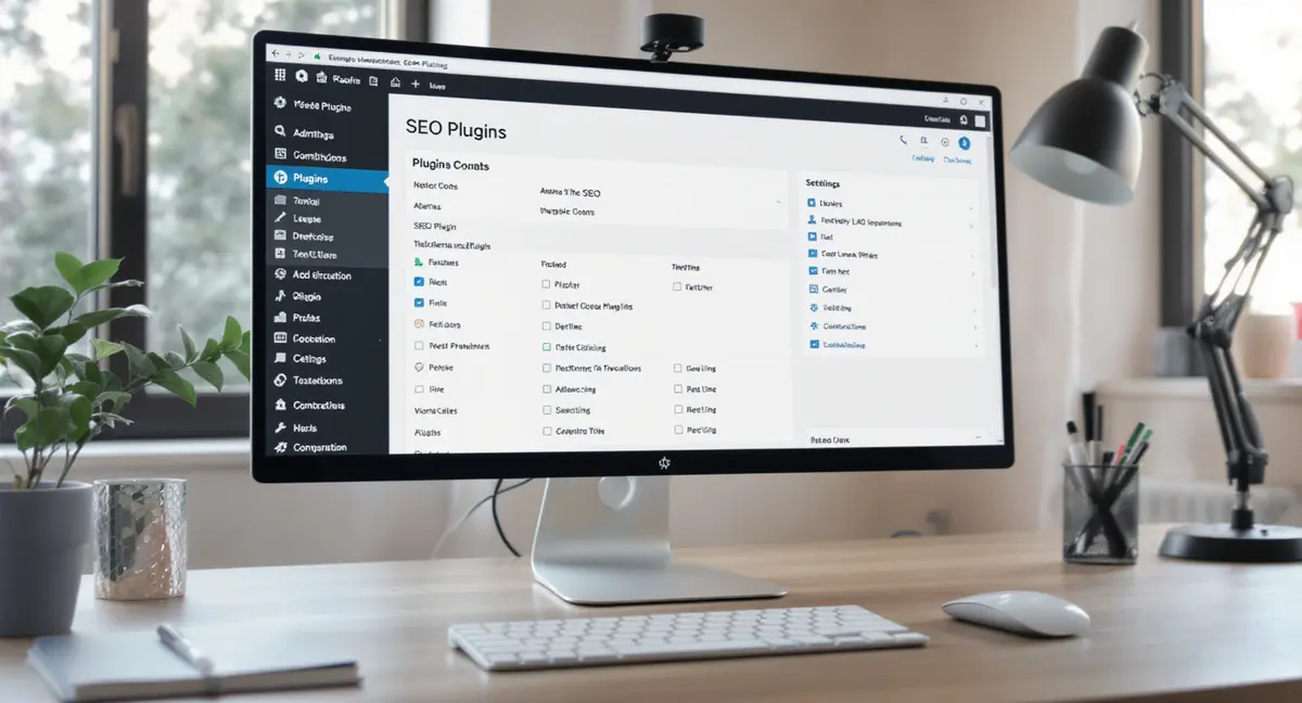 WordPress admin dashboard displayed on desktop monitor in a home office workspace, showing SEO plugin - Strategyc