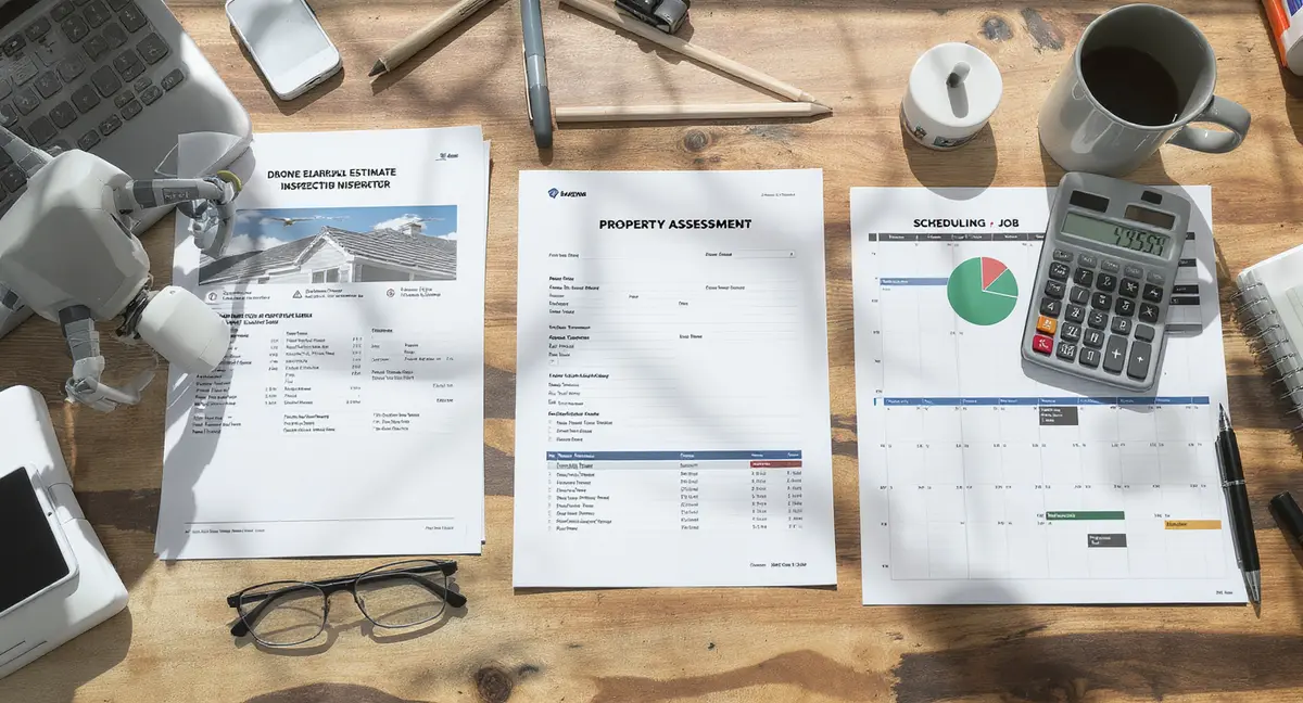 AI roofing estimate automation workflow: drone inspection report, property assessment printout, and - Strategyc
