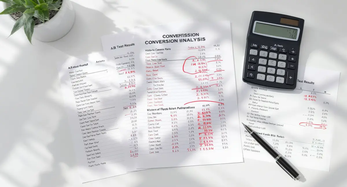 Overhead flat-lay of conversion funnel analysis spreadsheet with A/B test results, calculator, and - Strategyc