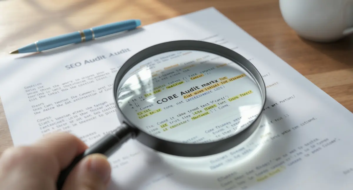 Magnifying glass held over a printed SEO audit report with highlighted schema markup code and Core Web - Strategyc