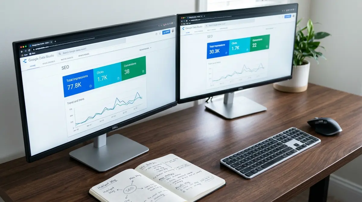 Dual-monitor analytics workstation displaying Google Data Studio SEO dashboard with live metric cards and - Strategyc