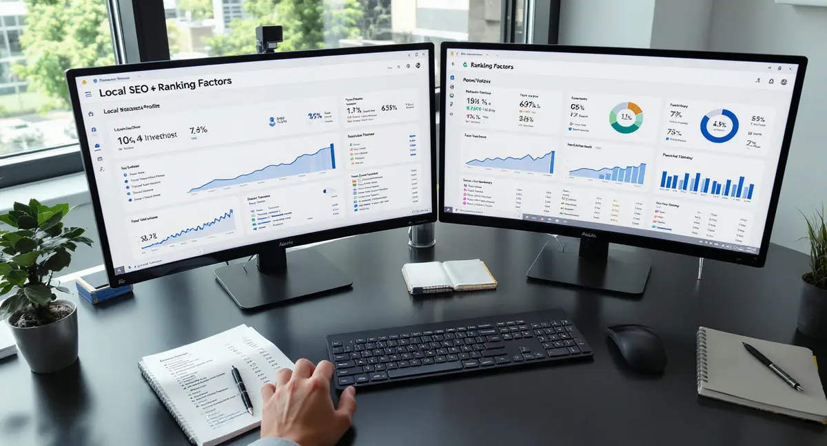 Dual-monitor analyst workstation displaying local SEO ranking factors dashboard with Google Business - Strategyc